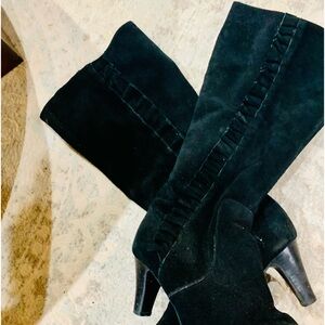 Leather black suede boots. Ruffle trim on side, sz 9, with 2.5 inch heel.